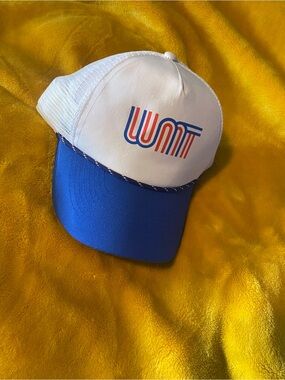 White & Blue Vintage-Style Trucker Hat with 'WMT' Logo